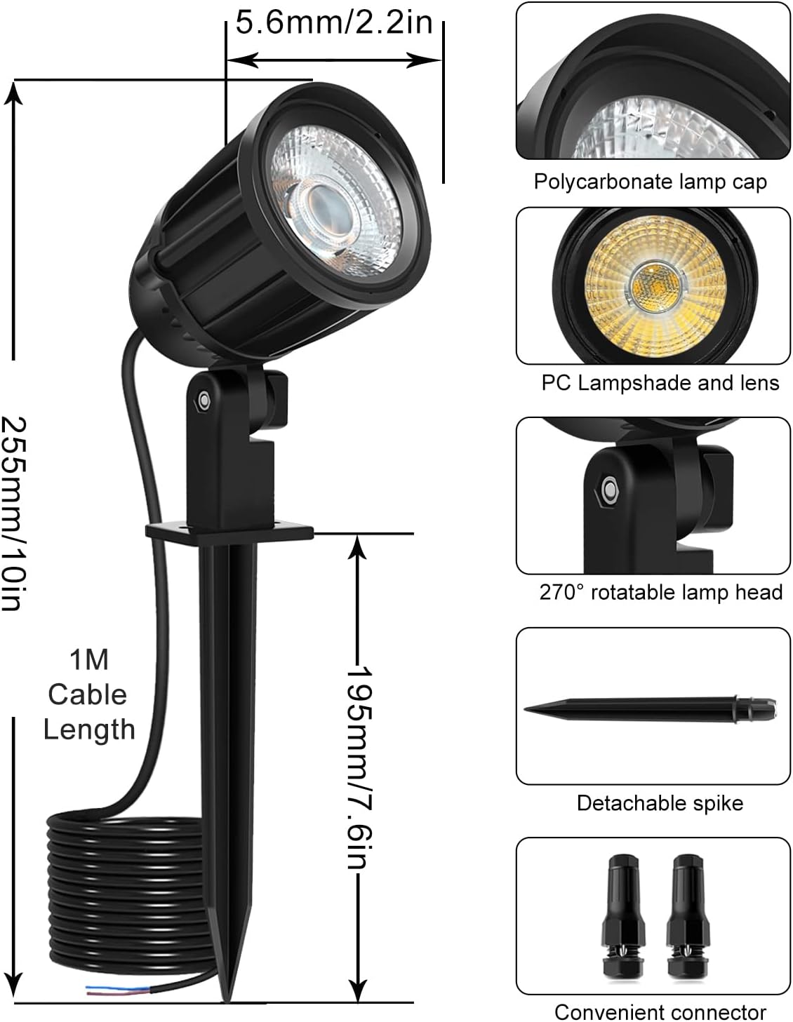 MEIHUA 10 Pack LED Landscape Lights with Connectors, 12V 24V IP66 Waterproof Low Voltage Landscape Lights, 3000K Warm White Light Outdoor Spotlights with Spike Stand for Garden Pathway Yard