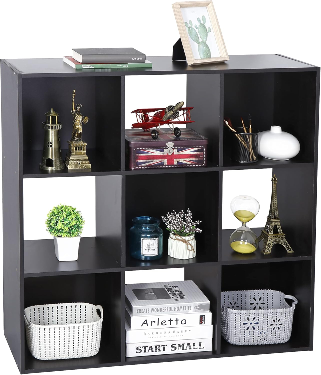 JupiterForce 9 Cube Storage Organizer Wooden Display Shelf W/ 5 Removable Back Panels, Customizable Bookcase Bookshelf for Home, Office, Bedroom and Living Room (White)