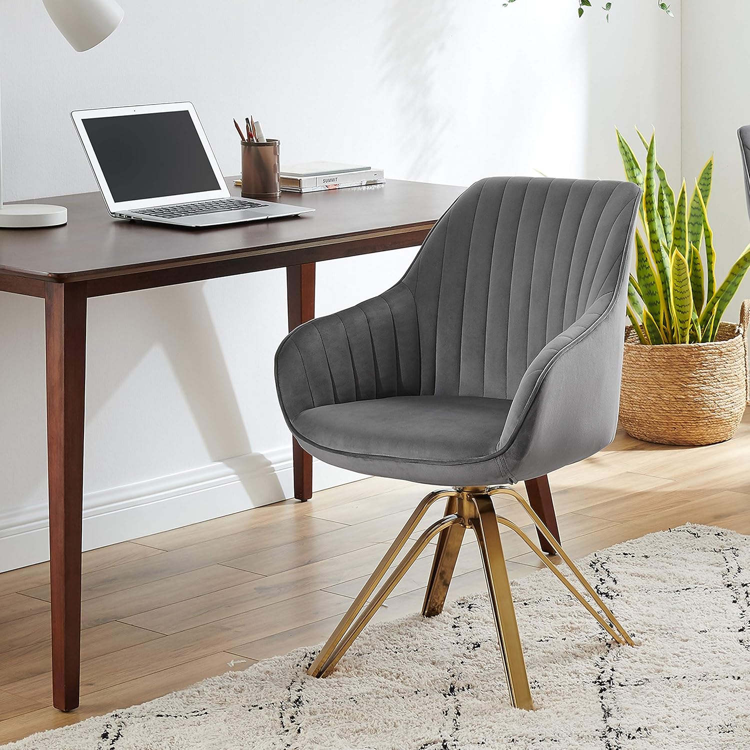 Volans Mid Century Modern Swivel Accent Desk Chair with Hollow Brushed Gold Plated Leg, Home Office Desk Chair No Wheels, Gray, Set of 2