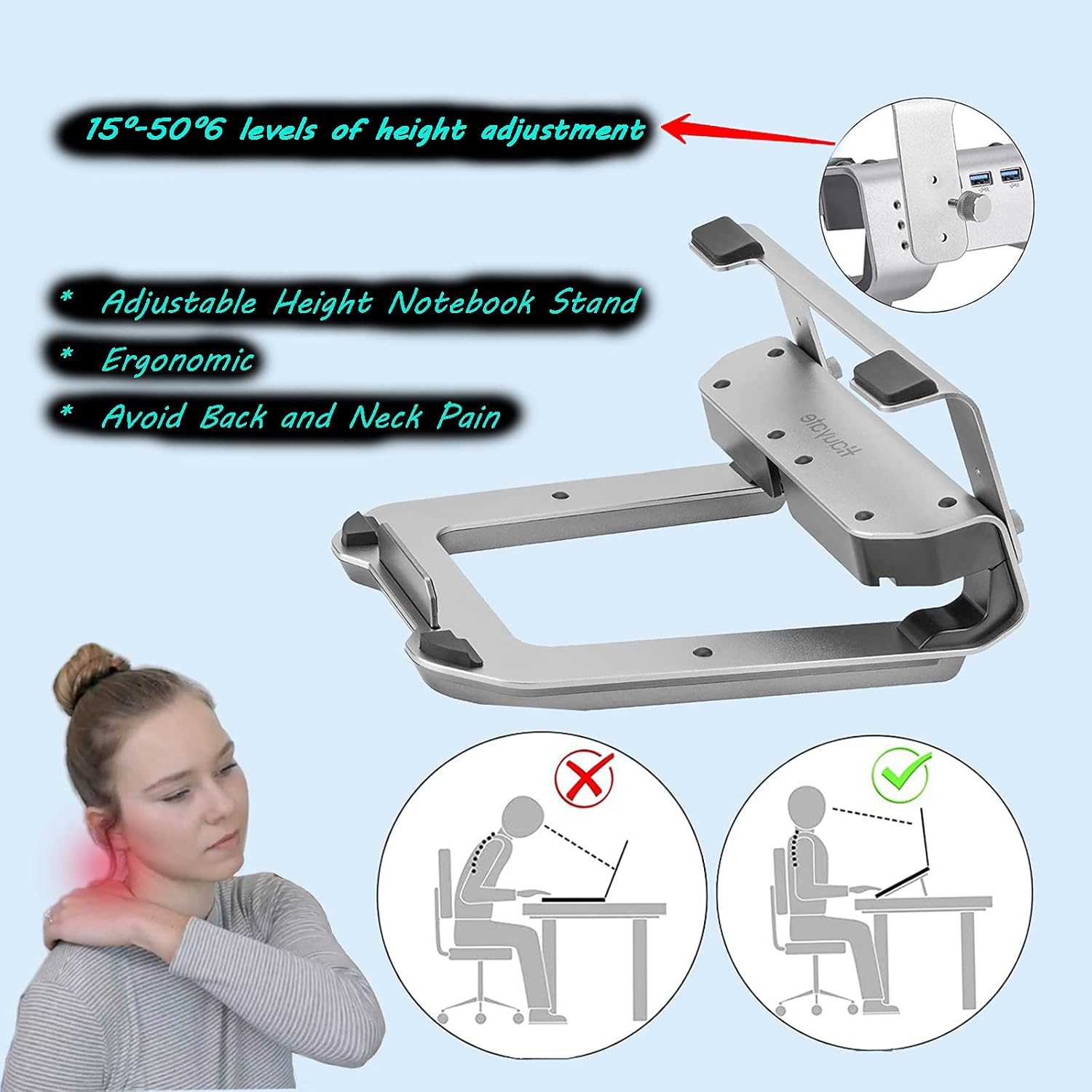 Adjustable-Laptop-Stand-Hauyate,Notebook Riser with Hub for Desk,Customizable Chroma RGB Lighting - Ergonomic Design - Anodized Aluminum Construction (Gray) Pack of 2