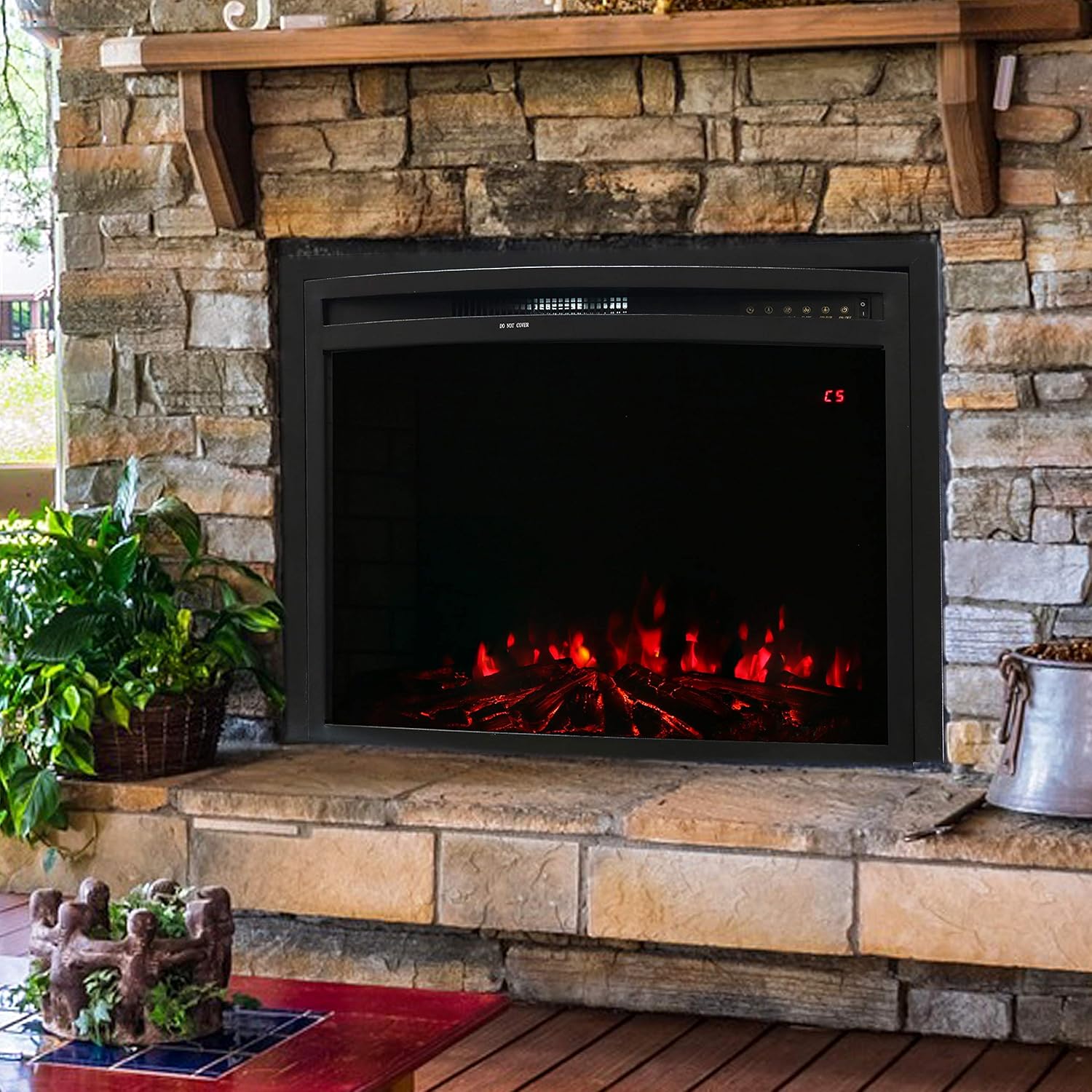 Sunnydaze Cozy Warmth Indoor Electric Fireplace Insert - Modern Horizontal Recessed Electronic Fireplace - 9 Color Options for Flames/Logbed - 28 Inches Wide