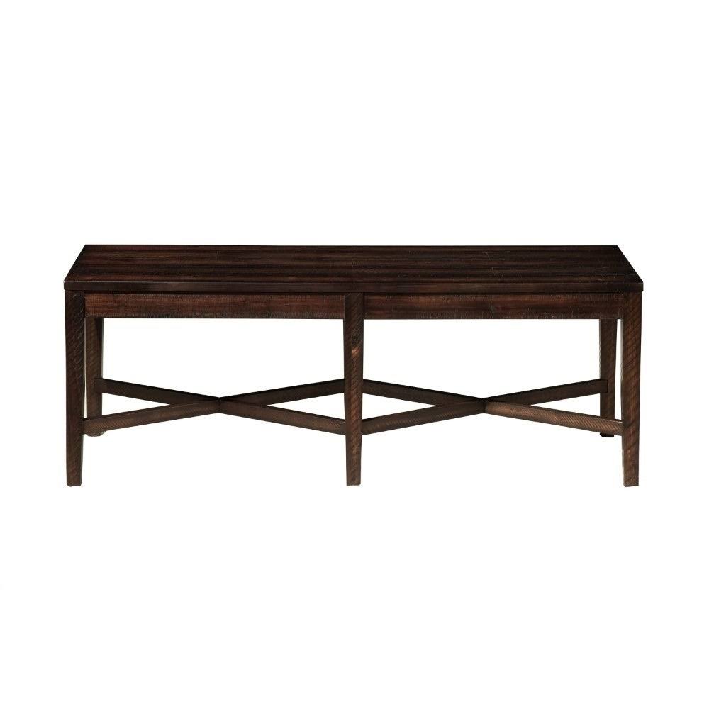 Benzara Acacia Wood Bench with Block Legs and Cross Base, Espresso Brown BM186127