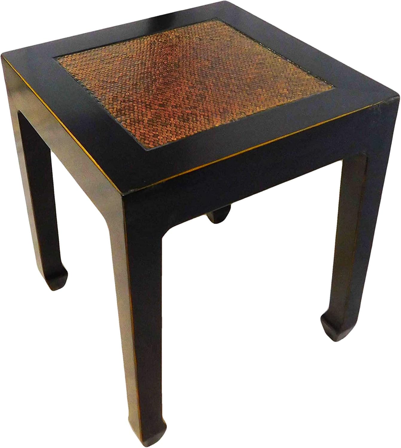 Antique Black Lacquered Oriental End Table Rattan Top