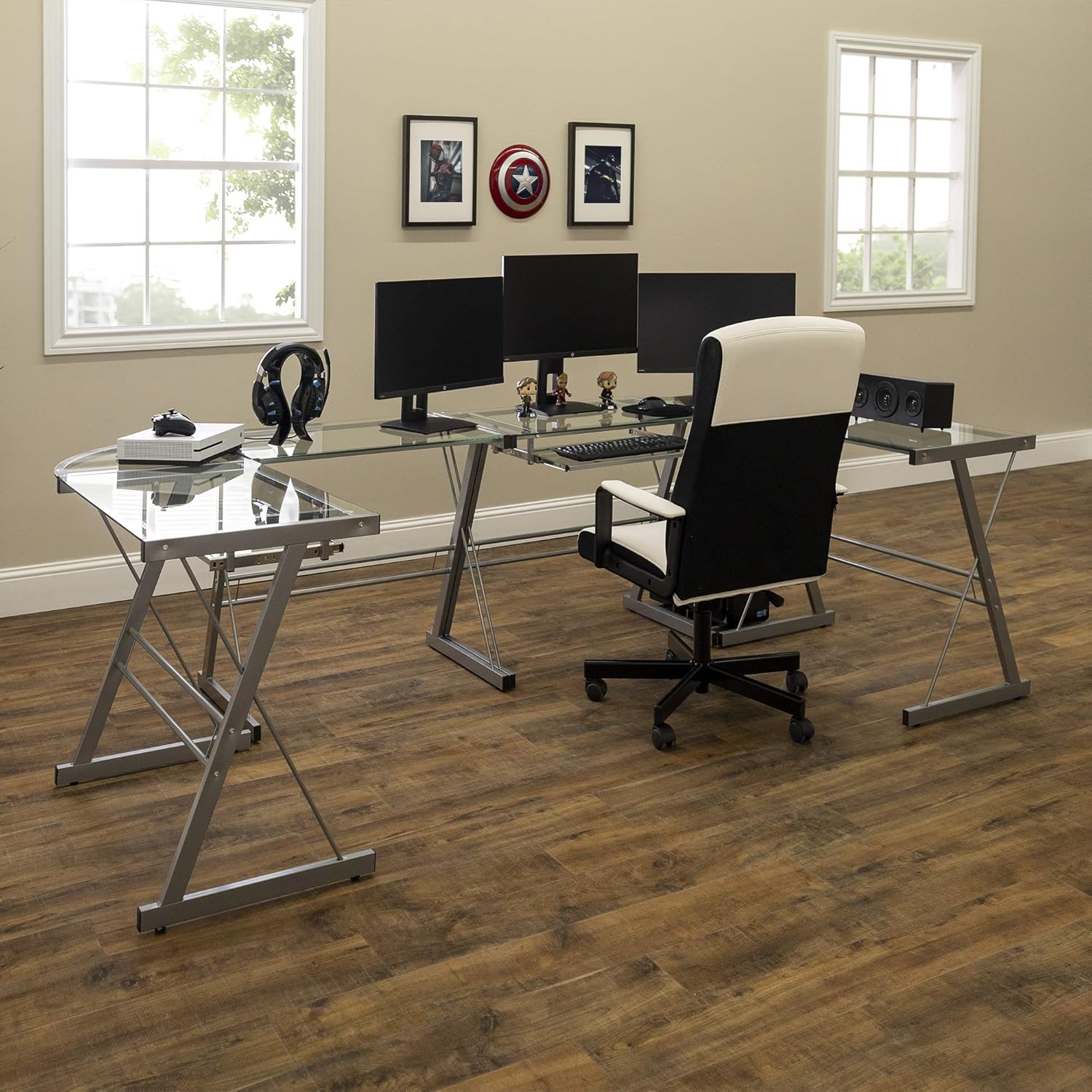 Walker Edison Ellis Modern Glass Top L Shaped Corner Gaming Desk with Computer Keyboard Tray, 51 Inch, Black