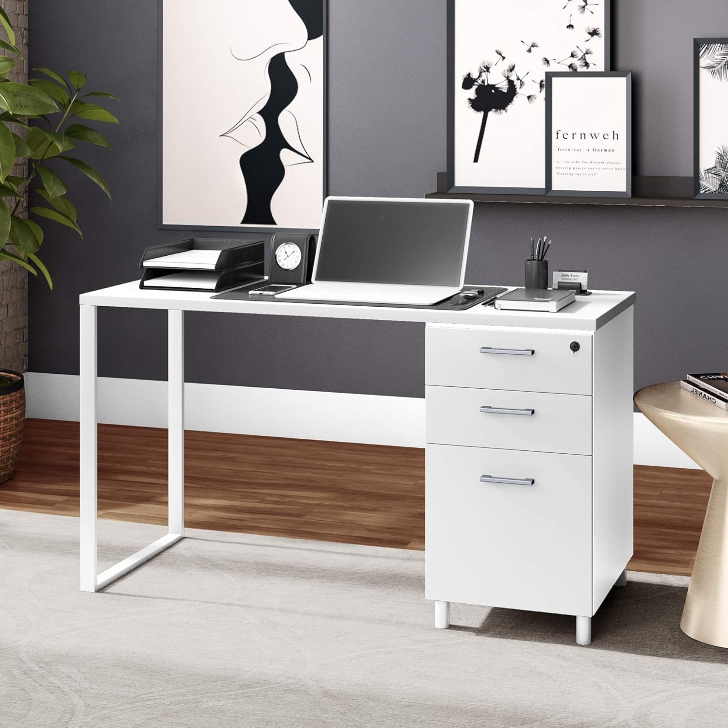 Milano 47 Inch Home & Office Computer Desk with 3 Detachable Locked Drawers - Cass Walnut/Black