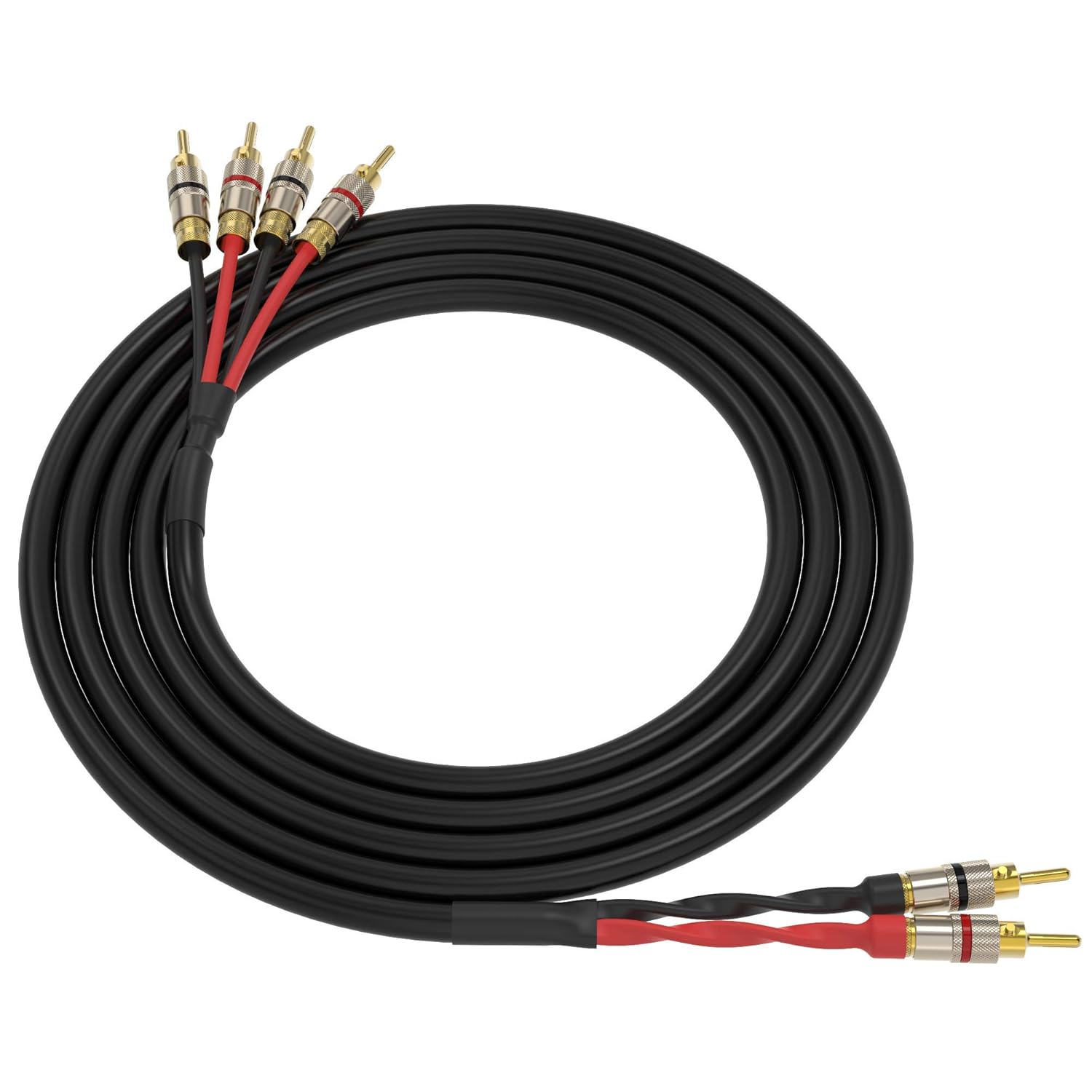 ChromaLeaf Canare 4S11 Bi-Wire Professional Audio Speaker Cable | 2 Bananas to 4 Bananas | Black | Gold Plated Locking Bananas | 15 Feet | Assembled in The USA