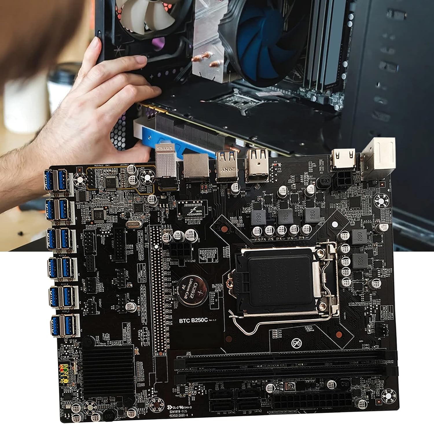 wirlsweal Mining Machine Motherboard Multi Ports LGA1151 PCB B250C BTC 12P PCIe 1x to USB3.0 Cost Saving Mining Machine Mainboard for Miner Black