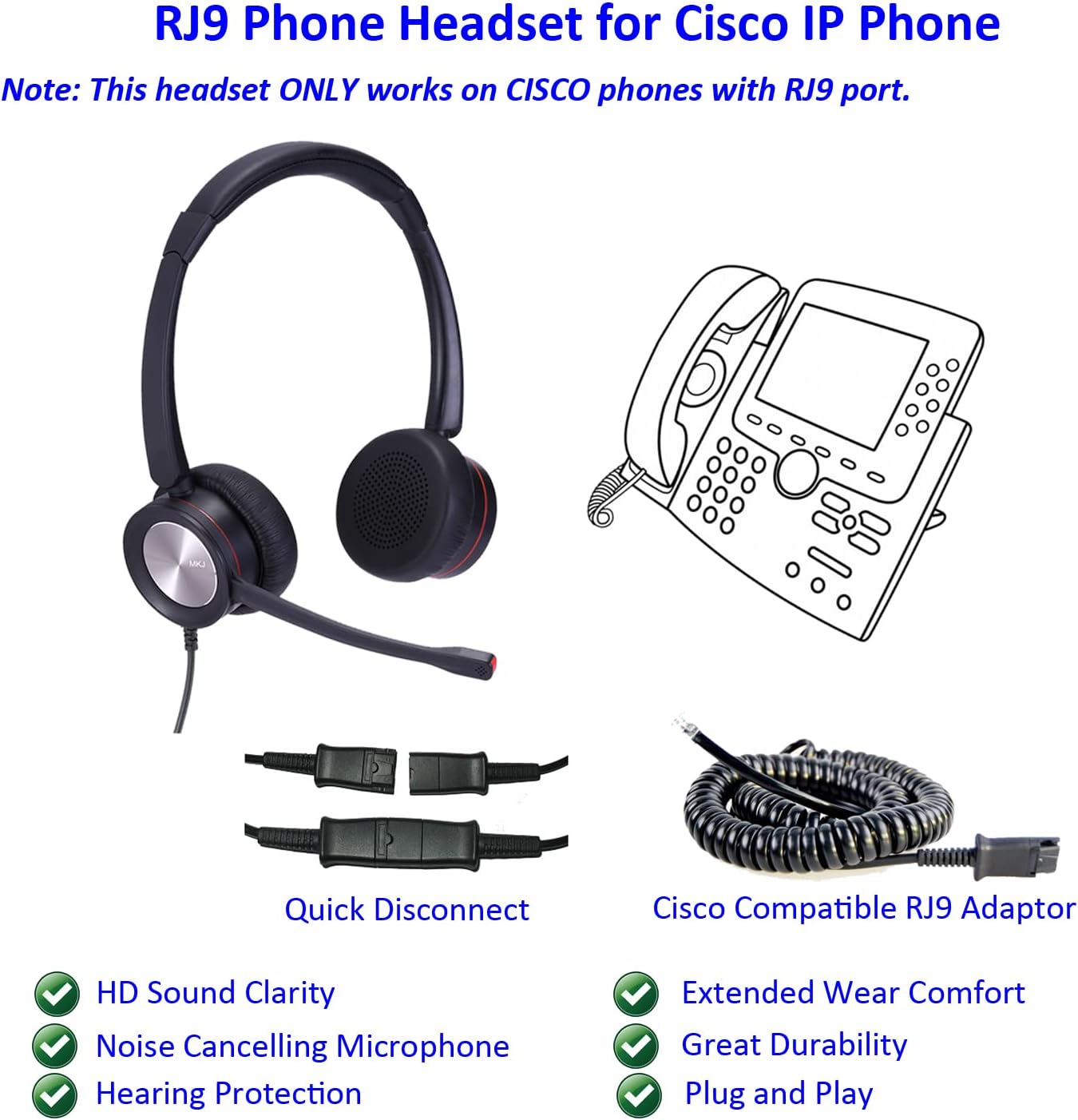 MKJ Cisco Headset with Microphone Noise Cancelling Office Headset for Desk Landline Dual Ear RJ9 Telephone Headset for Cisco Phones CP-7821 7841 6945 7941G 7942G 7945G 7962G 7965G 7975G 8841 8865 9975 Pack of 2