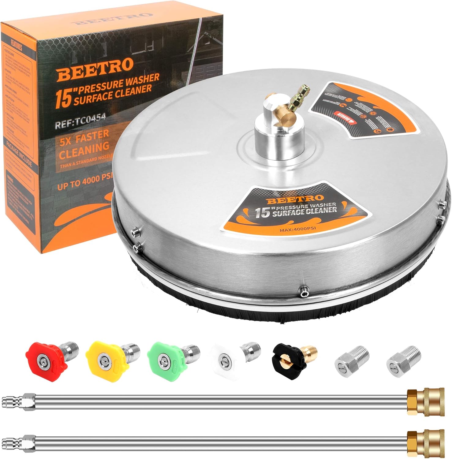 BEETRO 15 Inch Pressure Washer Surface Cleaner with Stainless Steel housing, 2 Replacement Nozzles and 2 Extension Wands, Power Washer Attachment 4000 PSI, 5 Nozzle Tips