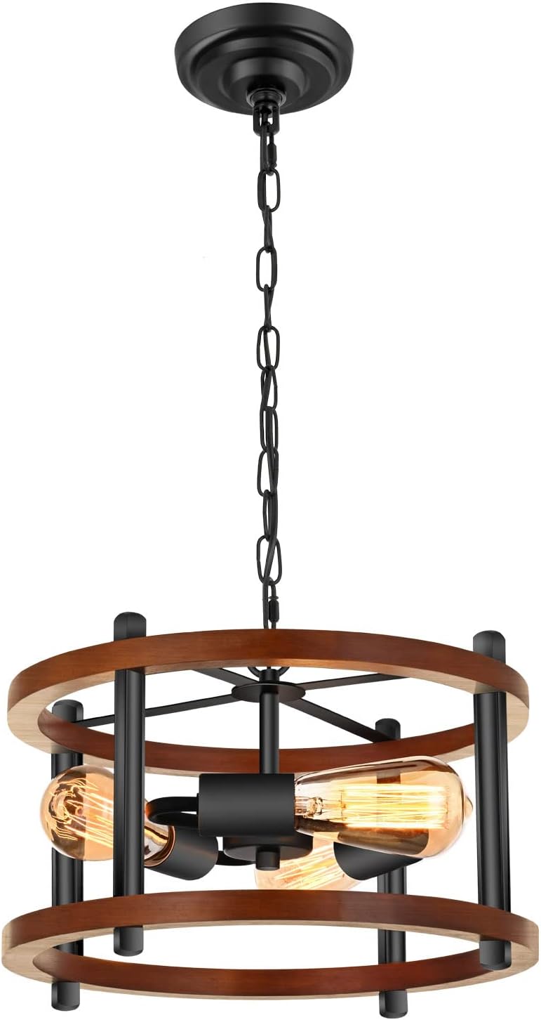 3-Light Farmhouse Semi Flush Mount Ceiling Light Fixtures, Vintage Wood Black Metal Farmhouse Pendant Light ,Ceiling Chandelier for Hallway Entrance Bedroom Dining Room, Adjustable Chain
