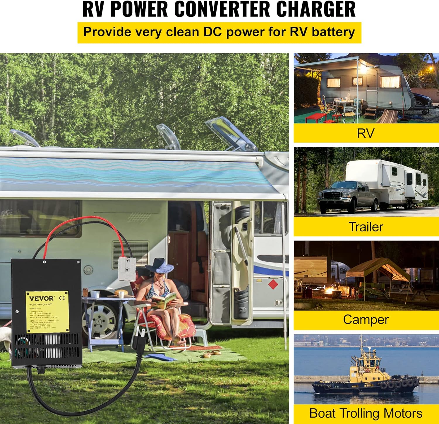 VEVOR RV Power Converter Charger, 110 Volt AC to 12 Volt DC, Power Supply Battery Converter Charger 800W with 13-16V DC Adjustable Operating Range, Three-Stage Inverter, for RV Trailer Camper 45 Amp