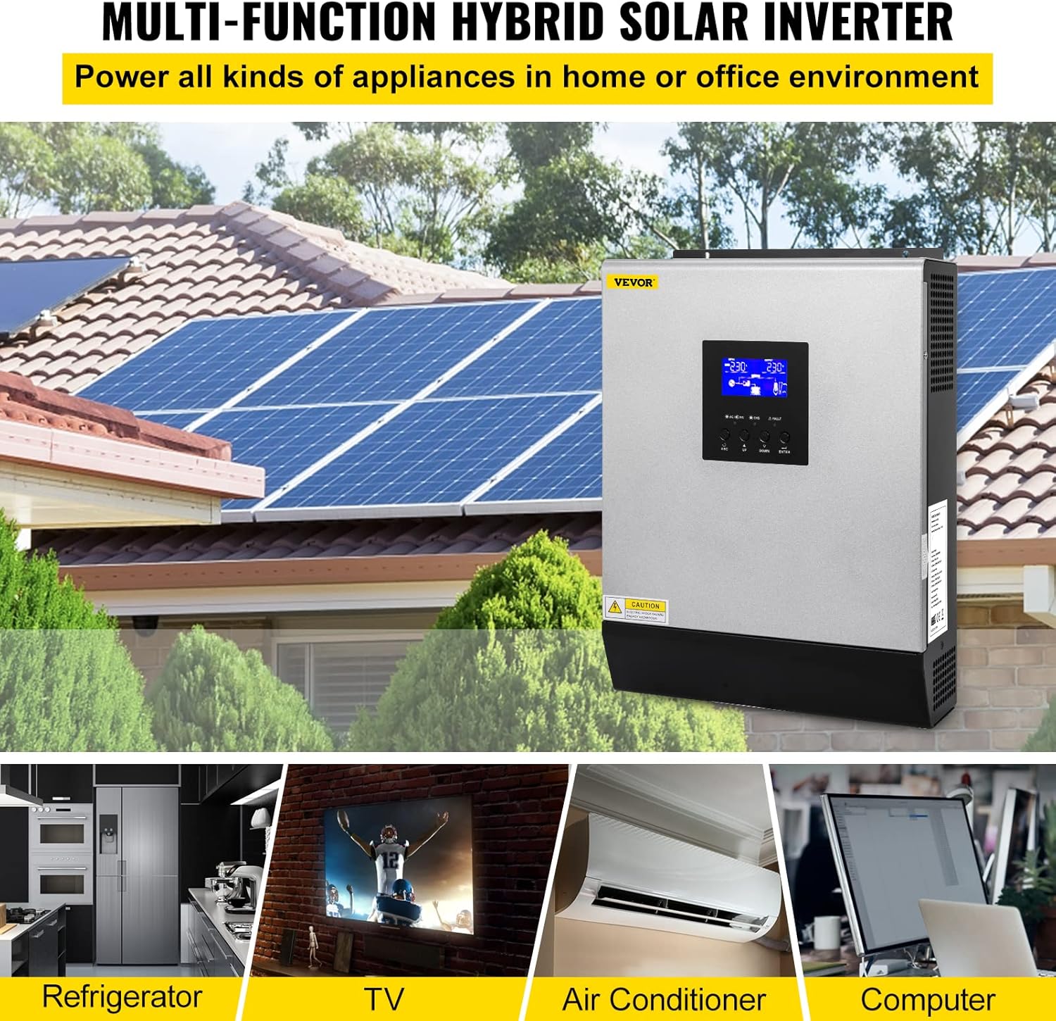 VEVOR Hybrid Solar Inverter, 3KVA 2400W, Pure Sine Wave Off-Grid Inverter, 24VDC to 110VAC Multi-Function Inverter with Build-in 50A PWM Solar Charge Controller, Support Utility/Generator/Solar Energy