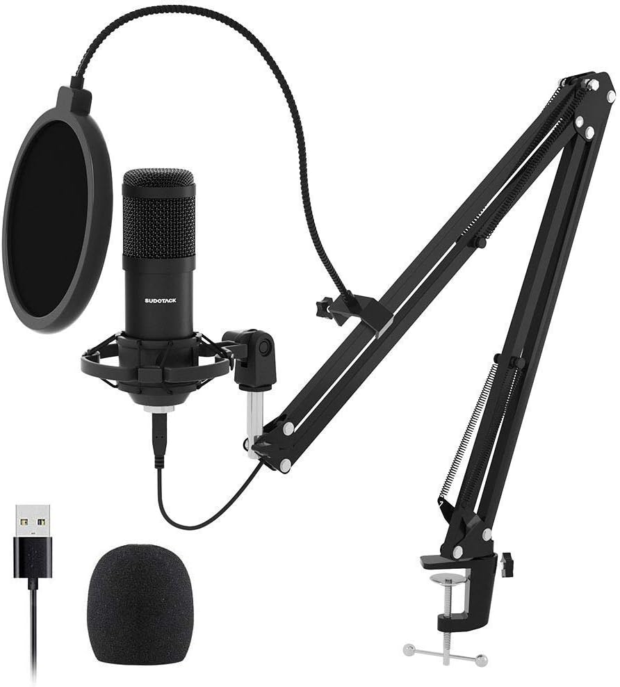 USB Streaming Podcast PC Microphone, SUDOTACK professional 192KHZ/24Bit Studio Cardioid Condenser Mic Kit with sound card Boom Arm Shock Mount Pop Filter, for Skype YouTuber Karaoke Gaming Recording Pack of 2