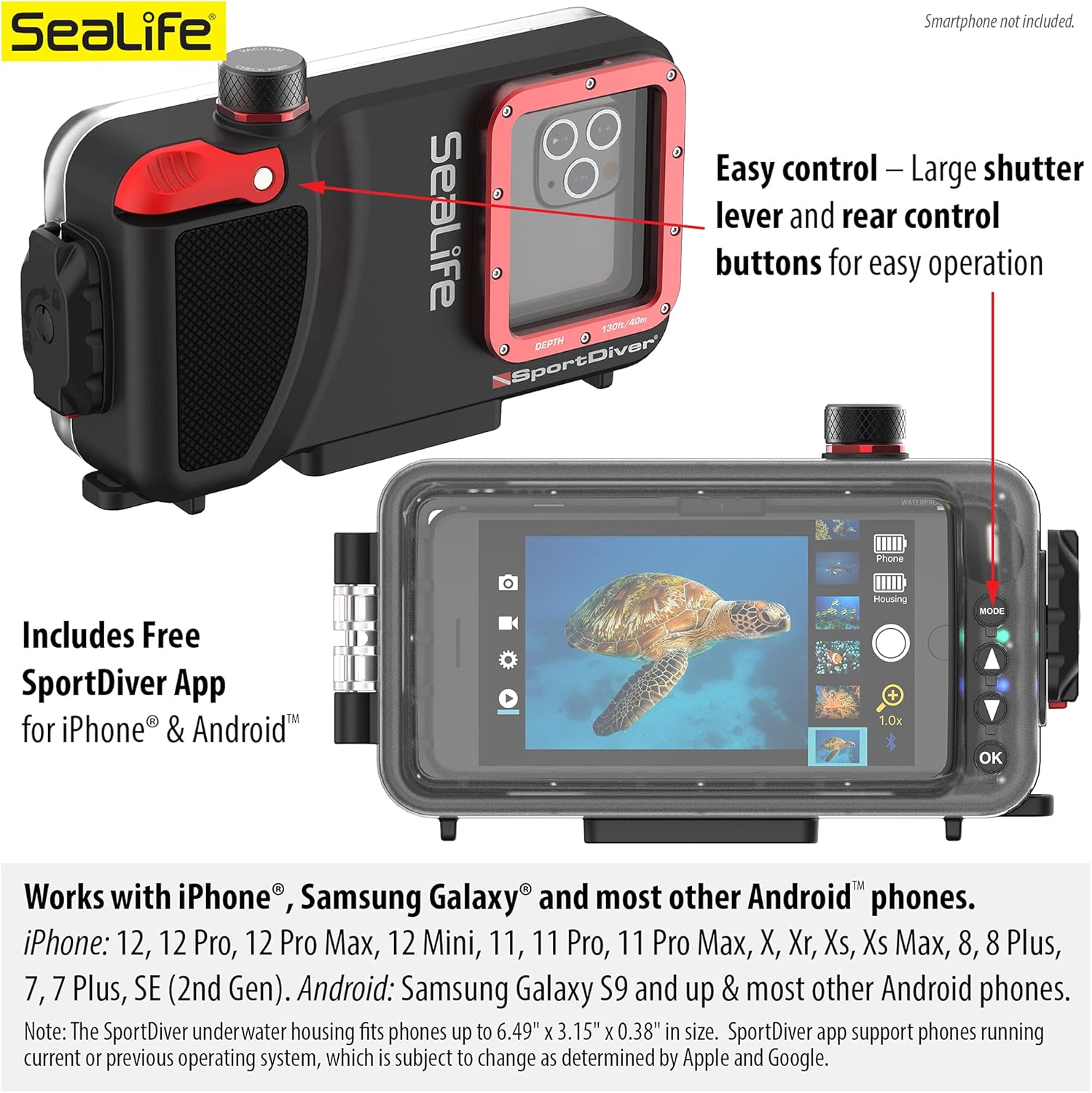Underwater Smartphone SeaLife Scuba Case – Waterproof Photography, Access Camera Controls, Leak Alarms, Black, Without Light