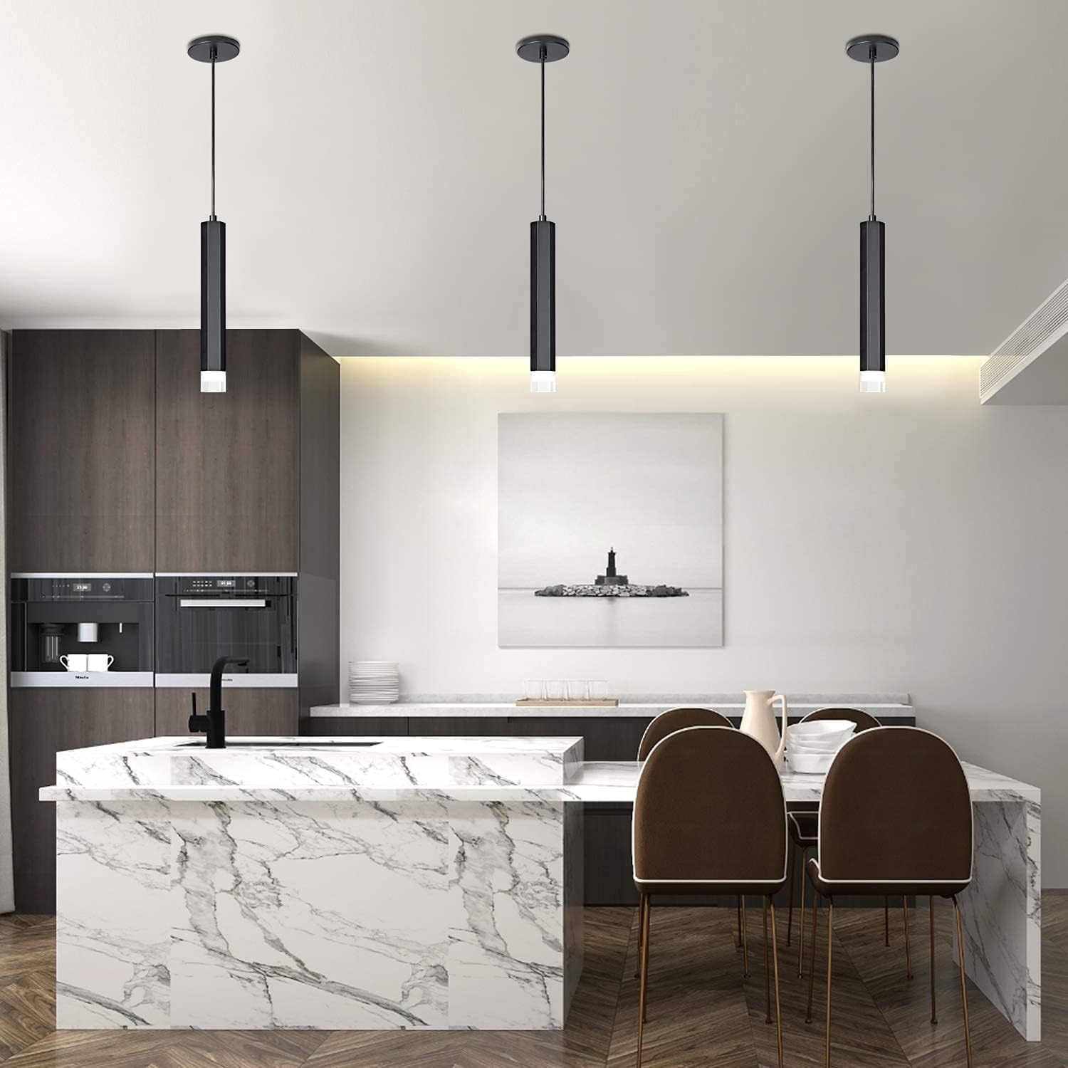 MOTINI 1-Light LED Pendant Light Adjustable Height Mini Modern Black Pendant Light Fixture for Kitchen Island Dining Room Bedroom, 7W Warm White 3000K