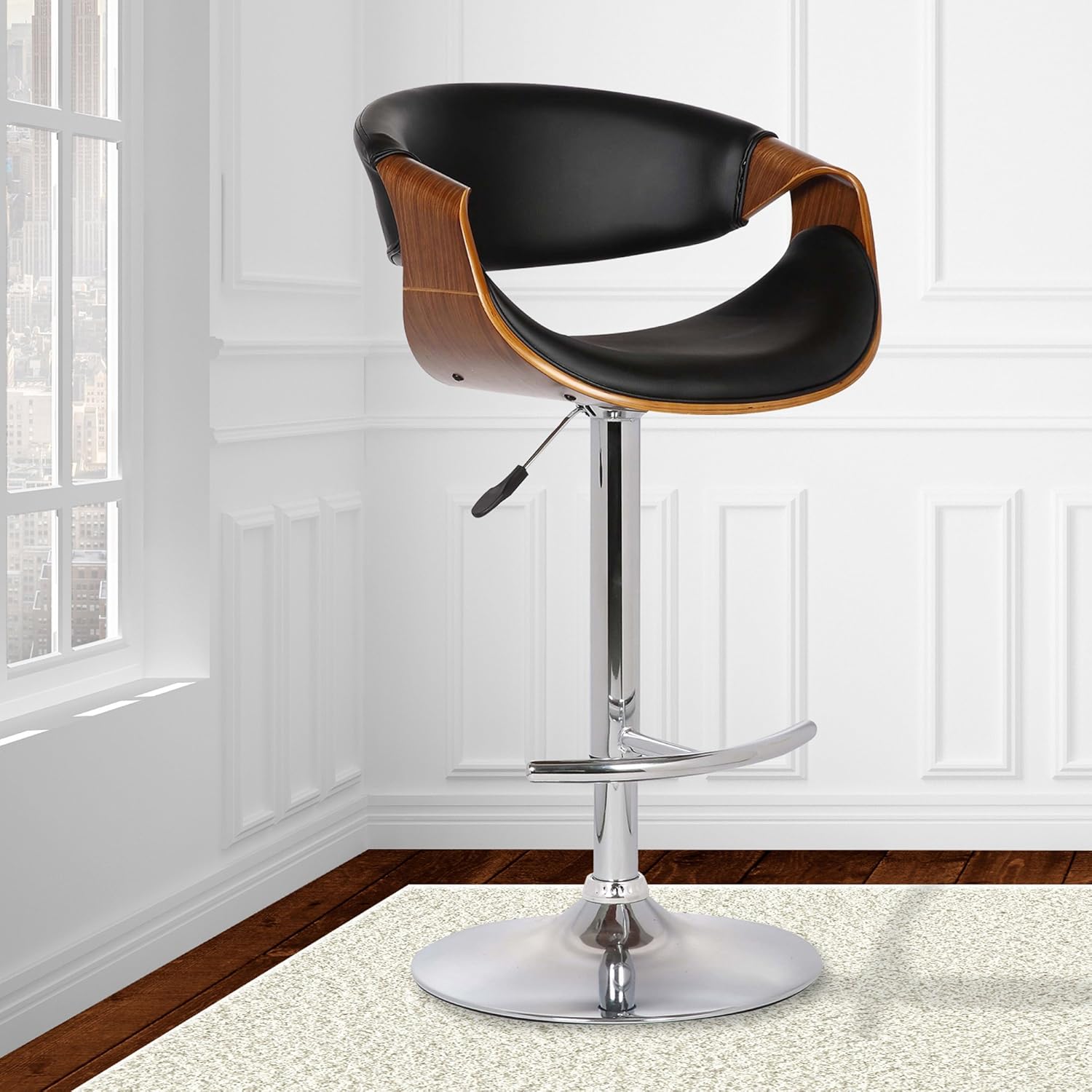 Armen Living Butterfly Swivel Adjustable Barstool in Black Faux Leather and Walnut Wood Finish