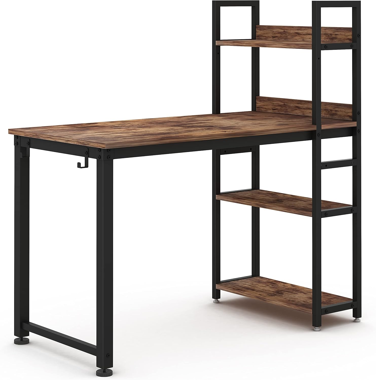 55 Inch Brown Home Office Desk with 4-Tier Shelves for Storage and Bookshelf, Heavy Duty Computer Desk and Spacious Workstation, Modern Simple Stylish Writing Desk and Multi-Purpose Study Table