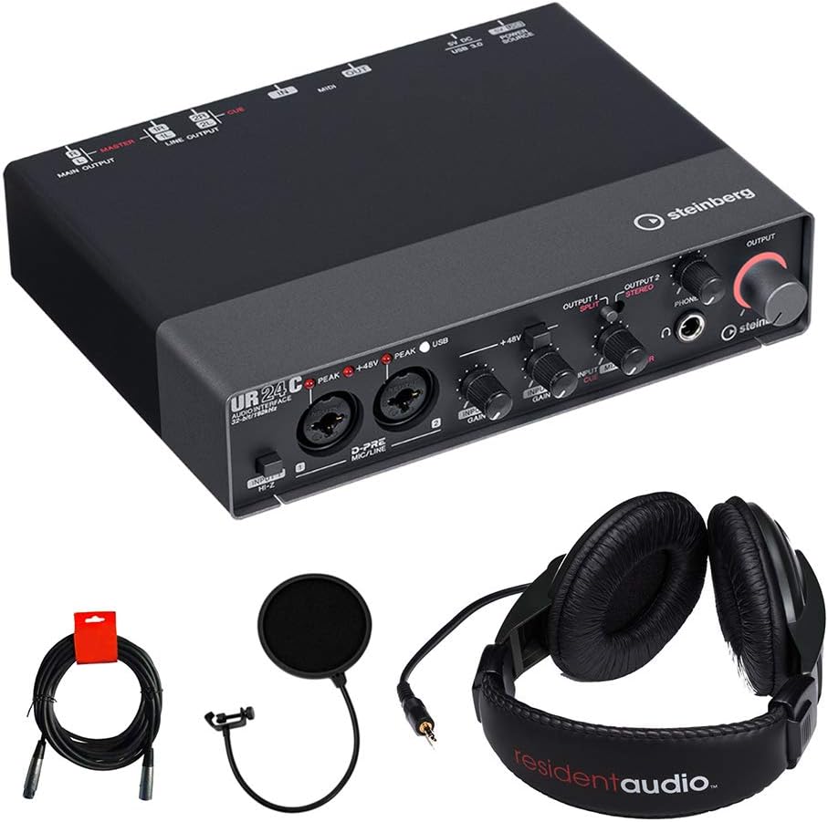 Steinberg UR24C 2x4 USB Gen 3.1 Audio Interface with R100 Stereo Headphones, Pop Filter & XLR-XLR Cable Bundle