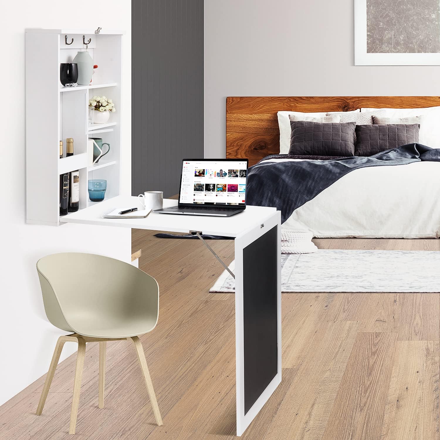 TRINEAR Wall-Mounted Folding Table for Dining, Foldable Bar Table for Relax, Multifunctional Adjustable Table with More Storage and a Blackboard