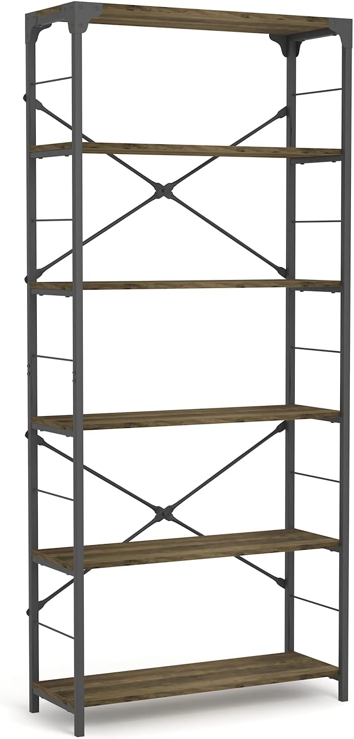 Kiimeey 6-Tier Bookcase Large Book Shelf L31.5 Industrial Black Tall Open Shelf(Vintage)