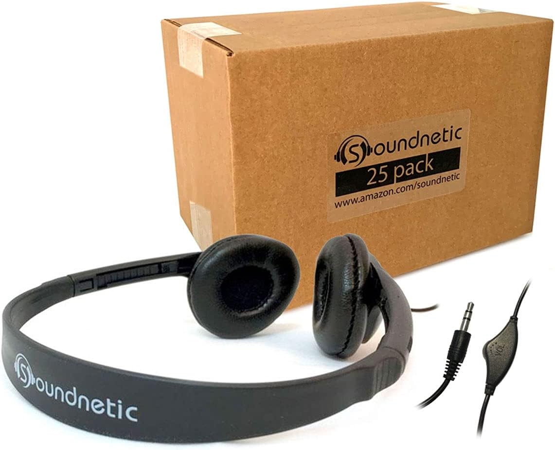 Soundnetic SN-CCV 25 Pack Budget Classroom Headphones, Stereo, with Leatherette Earpads & Volume Control