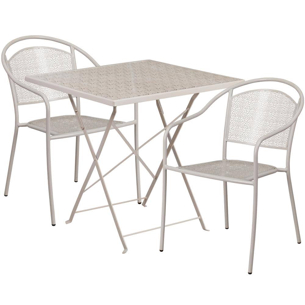 28'' Square Light Gray Indoor-Outdoor Steel Folding Patio Table Set with 2 Round Back Chairs