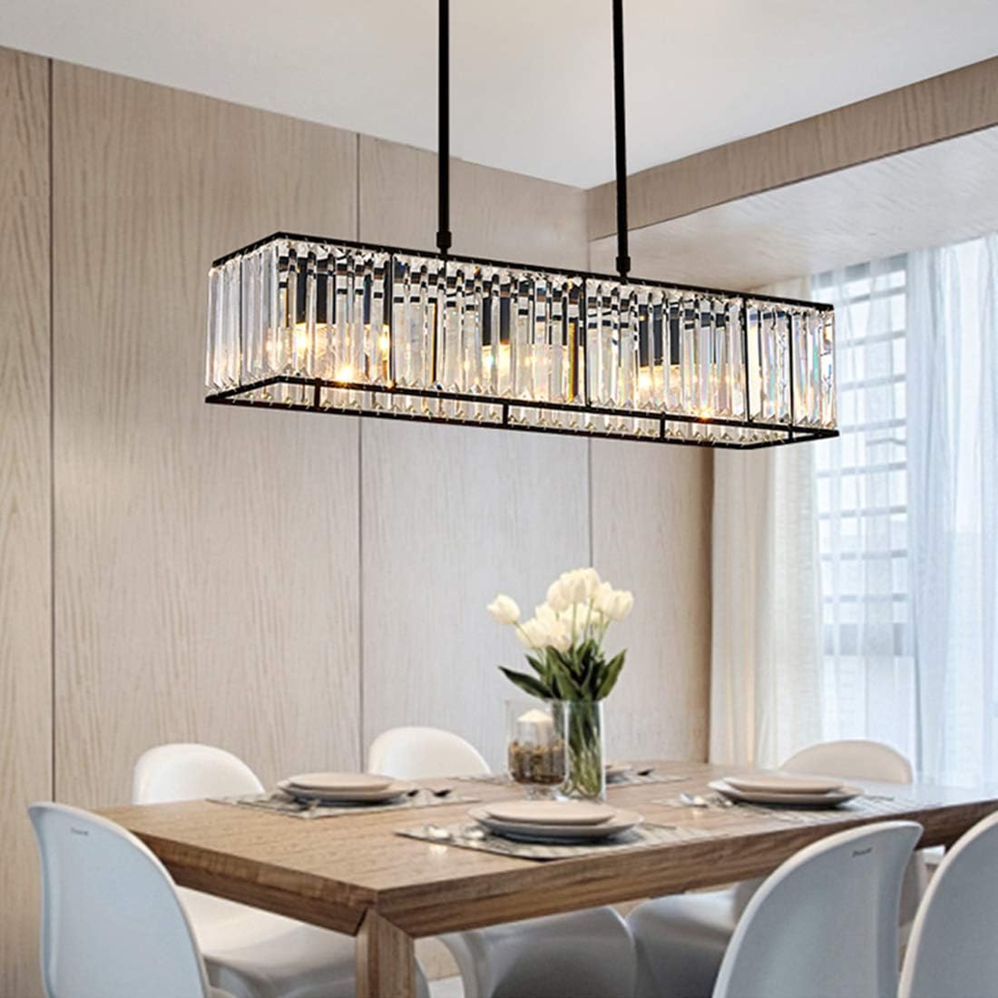 Moooni Vintage Rectangular Crystal Chandelier Industrial Rectangle Pendant Light Fixture for Kitchen Island Dining Room Black L 33.5