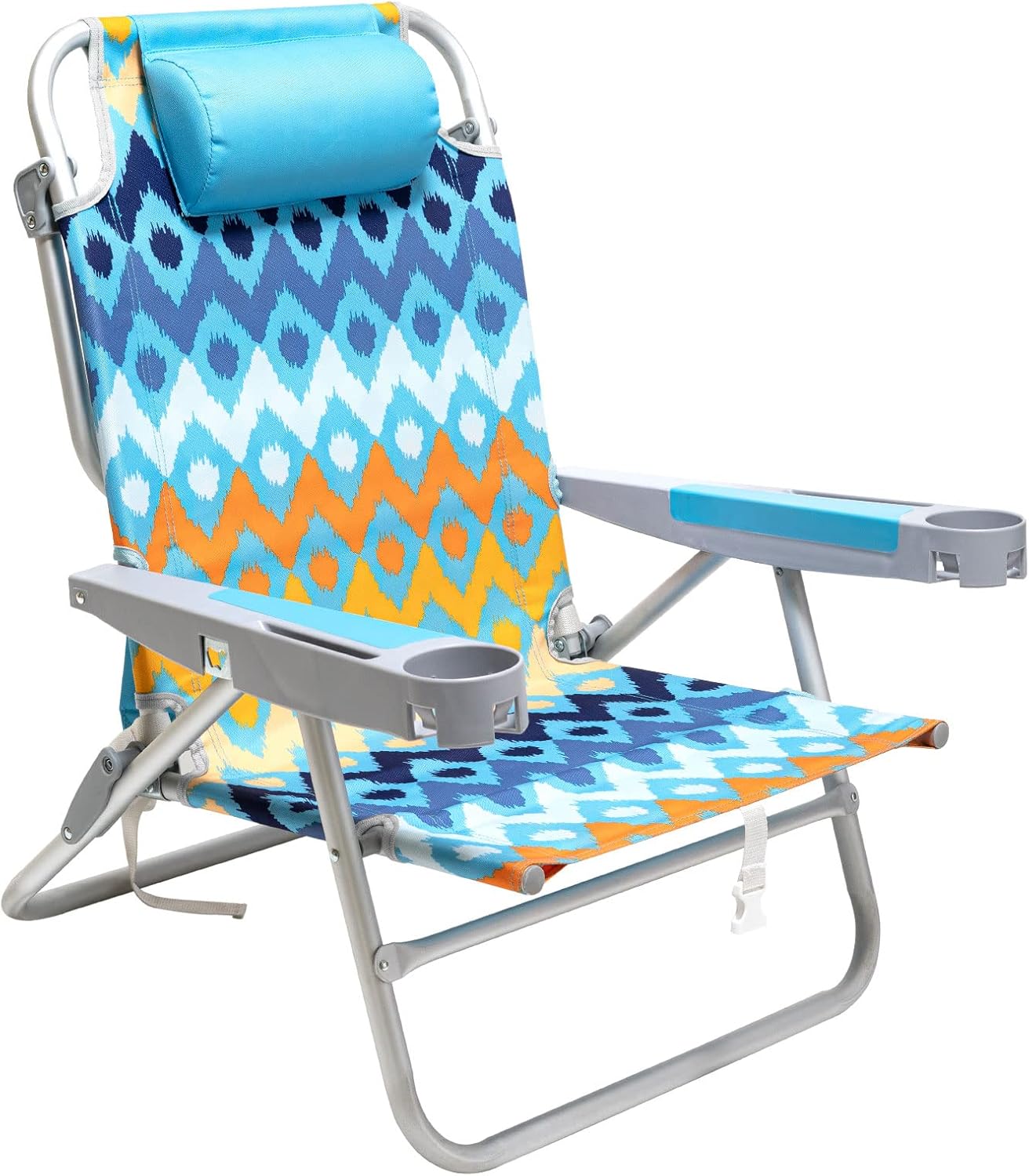 Sunnyfeel Low Beach Chair 5 Position Lay Flat, Portable Folding Camping Chairs with Cup Holder for Outdoor/Lawn/Trip/Picnic/Fishing, Lightweight Foldable Backpack Beach Chair for Adults (BlueWave)