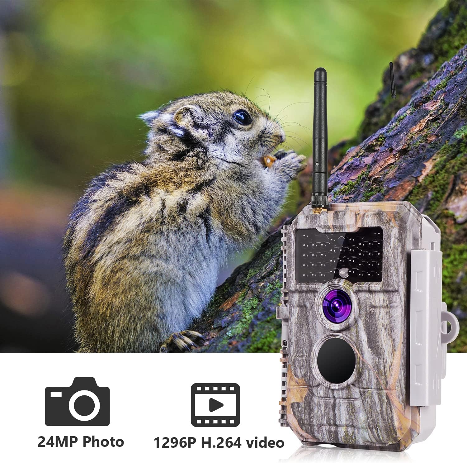 Wireless WiFi Game Camera Trail Deer Cam 24MP 1296P MP4 H.264 Video No Glow Night Vision Motion Activated Waterproof for Wildlife Hunting & Home Security, Send Pictures to Cell Phone via App Operated