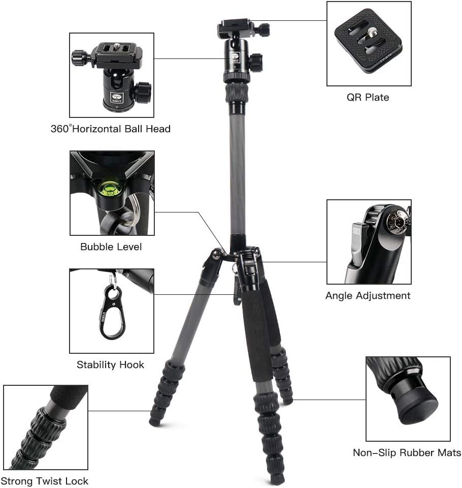 SIRUI Carbon Fiber Travel 5C Tripod 54.3 inches Lightweight Portable Camera Tripod with Ball Head and Arca Swiss Plate Load Capacity Up to 4kg
