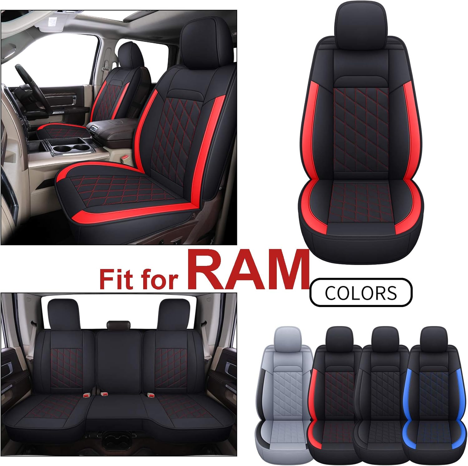 INCH EMPIRE Seat Cover Full Set Fit for RAM 1500 2500 3500 2012-2021 with Curved Back Bench Synthetic Leather Water-Proof 2012, 2013, 2014, 2015, 2016,2017, 2018, 2019, 2020, 2021(Black&Red)