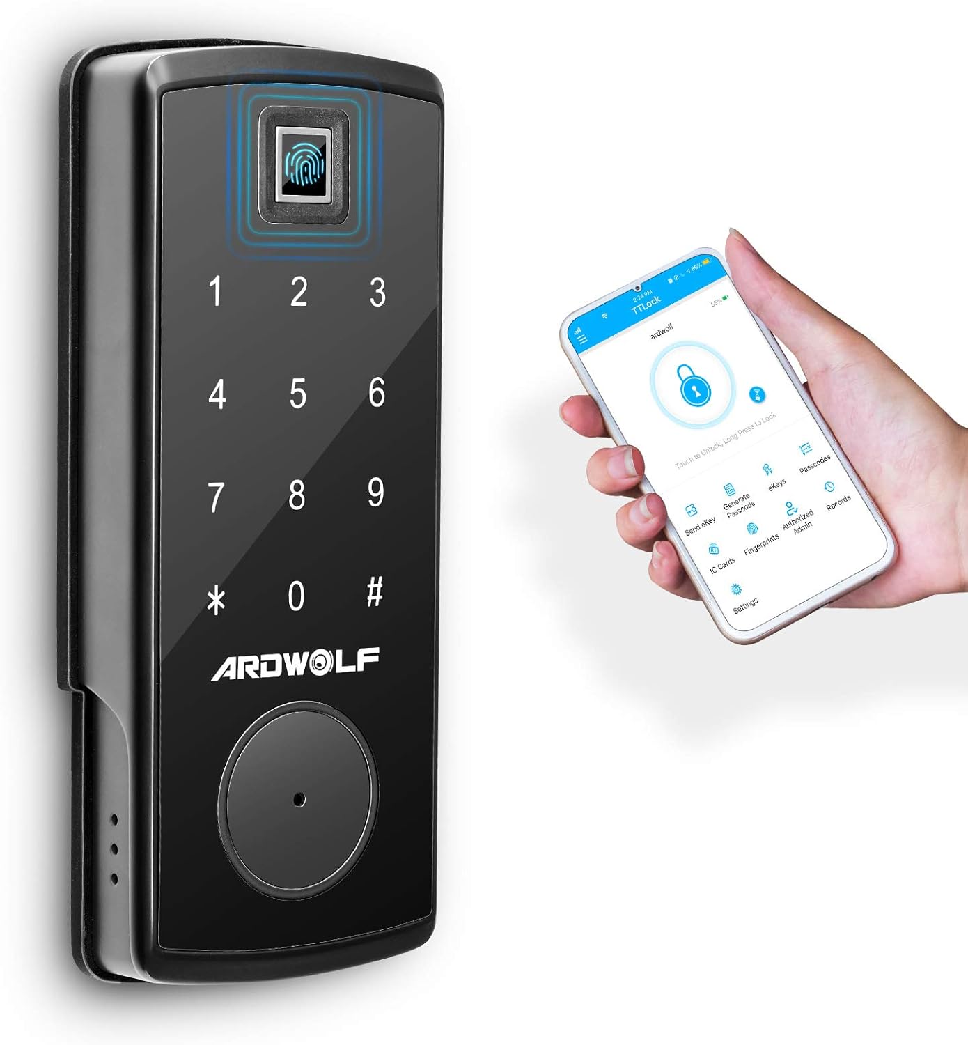 Ardwolf A70 Bluetooth Smart Deadbolt Door Lock, Keyless Entry Phone Control Fingerprint Door-Lock with Keys Keypad Auto-Lock for Home Bedroom Hotel Airbnb, Black