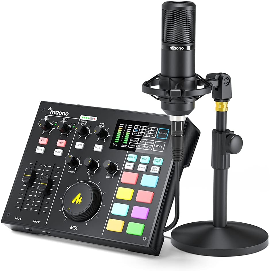 Audio Interface with DJ Mixer and Sound Card, Maonocaster Portable ALL-IN-ONE Podcast Production Studio with XLR Microphone for Guitar, Live Streaming, PC, Recording and Gaming(AM100-K1)