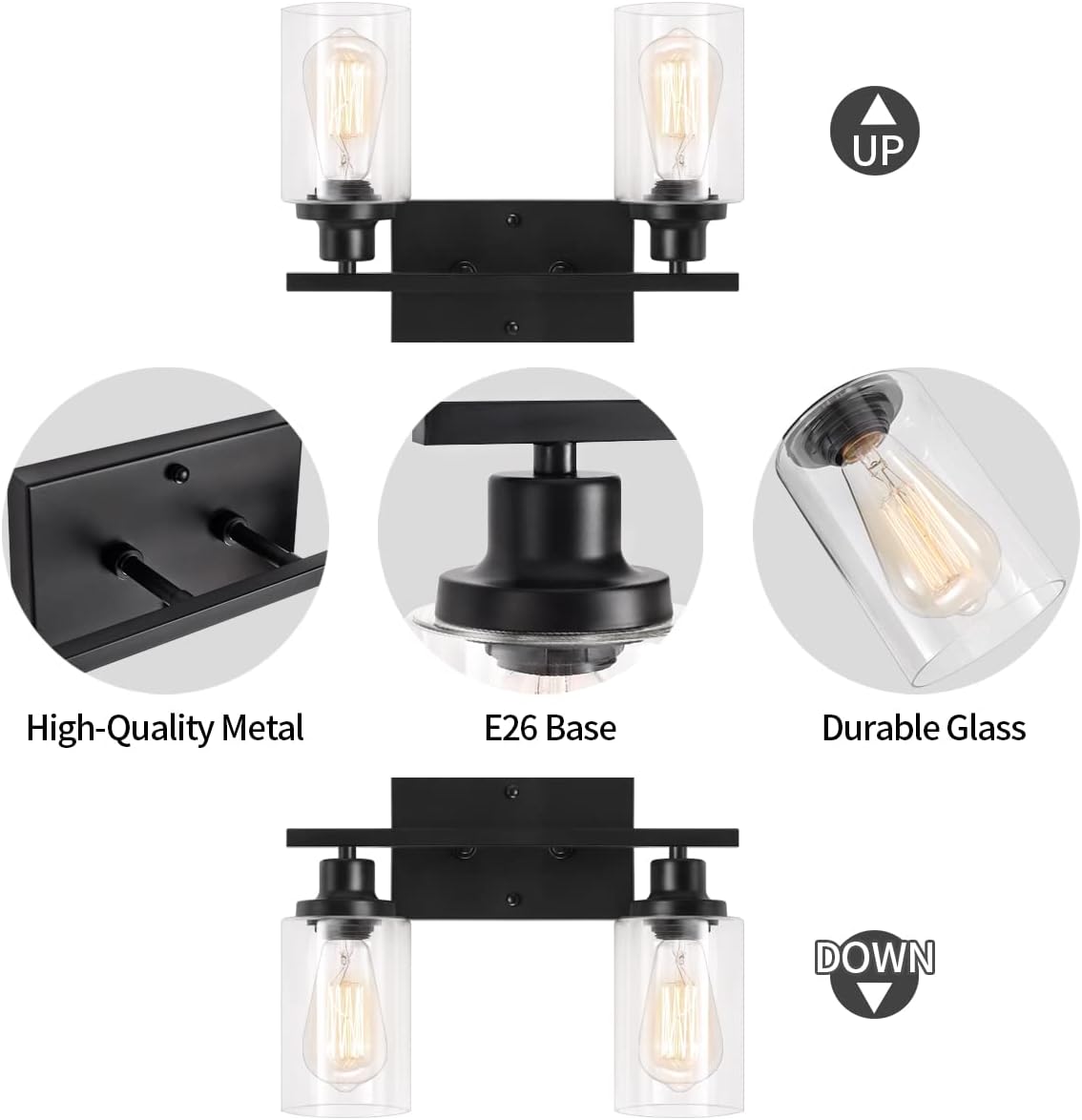 2-Light Bathroom Vanity Light Fixtures, Black Wall Sconces Bathroom Light Fixtures Over Mirror with Clear Glass Shade, Hallway Light Sconces Wall Lighting (14.21 inch)