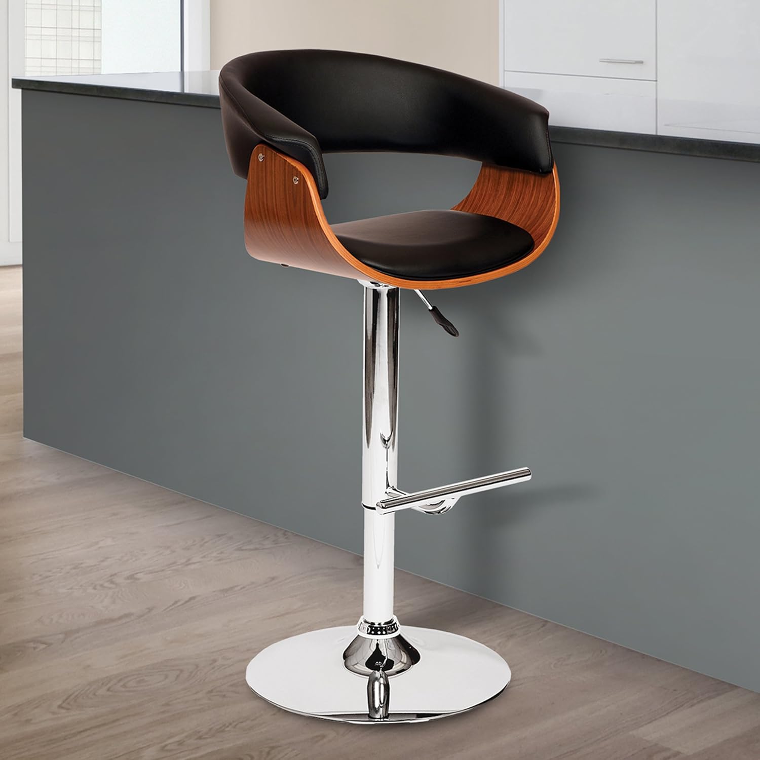 Armen Living Paris Swivel Barstool in Black Faux Leather and Chrome Finish