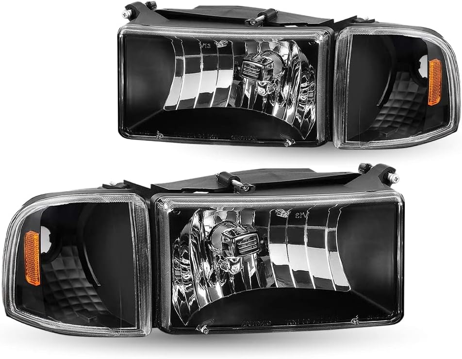 TUSDAR Headlight Assembly Set for 94 - 01 Dodge Ram 1500 / 94 - 02 Dodge Ram Pickup 2500 3500 Black Housing Amber Reflector with Corner lights
