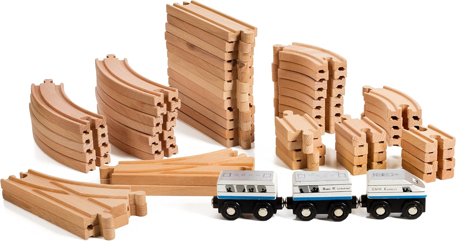 On Track USA Wooden Train Track Trains Expansion Set - with Engine Train Cars, Compatible with Thomas, Brio, Obrium and All Major Brands. with Storage Container, 55 Piece Pack of 2