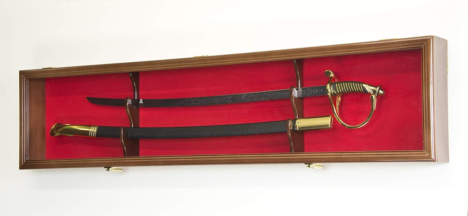 1 Sword Display Case Cabinet Stand Holder Wall Rack Box - Lockable w/ 98% UV Protection -Walnut Finish