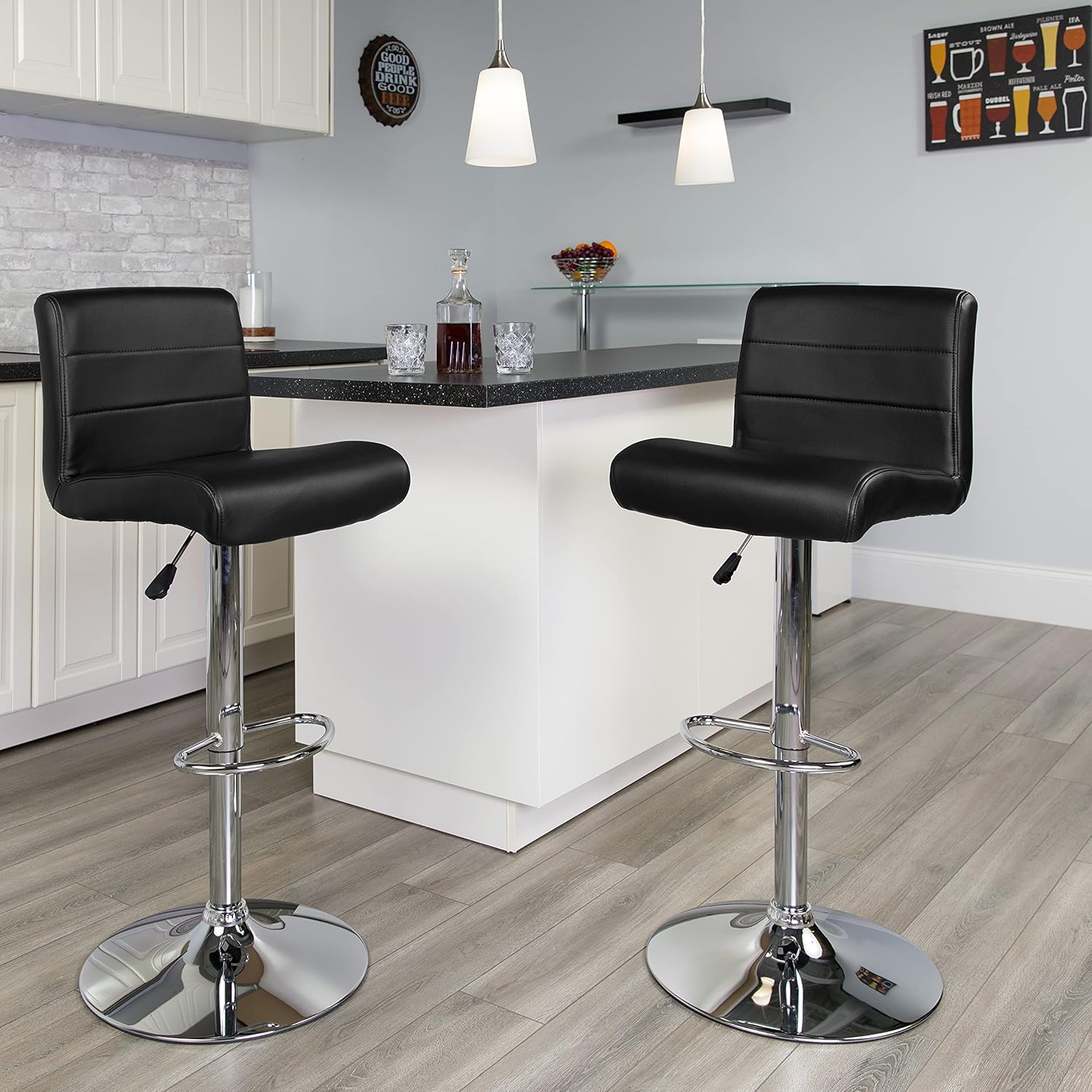 Flash Furniture 2 Pack Contemporary Gray Vinyl Adjustable Height Barstool with Rolled Seat and Chrome Base
