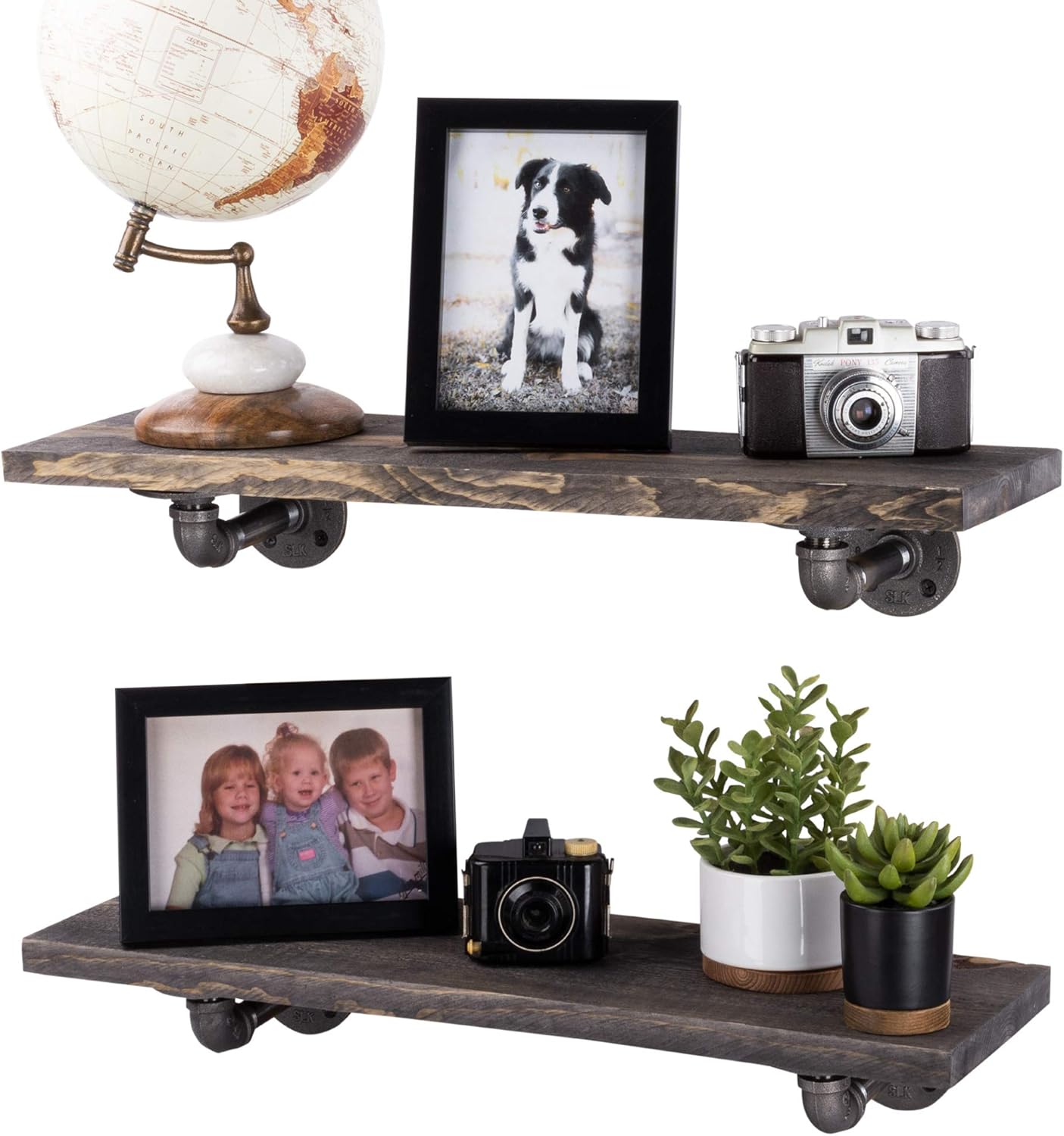 Industrial Pipe Wooden Shelves Restore by Pipe DÉCOR Premium Ponderosa Pine Wood Shelving 24 Inch Length Set of 2 Boards and 4 L Brackets Driftwood Tan Finish Pack of 2