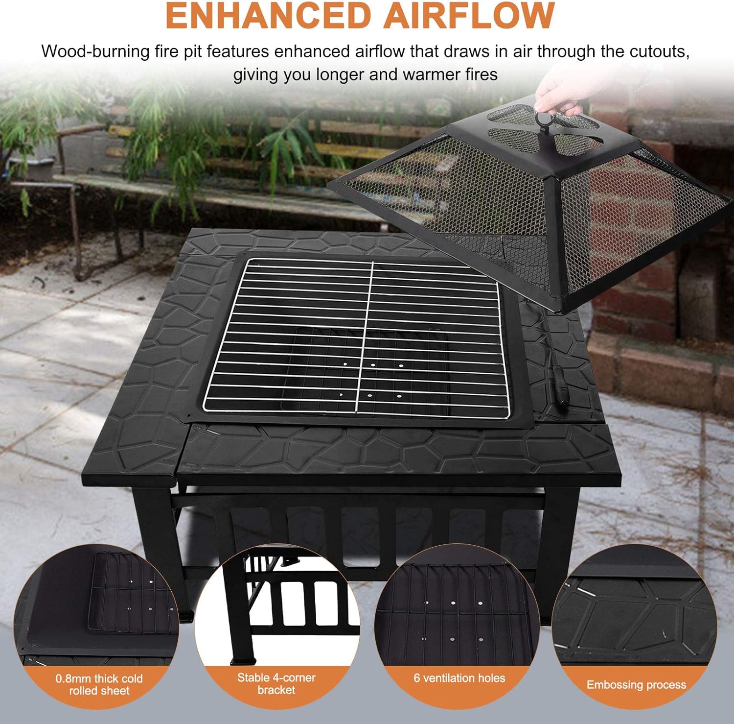 Fire Pit 32inch Portable Outdoor Firepit Steel BBQ Grill Fire Bowl Square Wood Burning Fire Pits Table for Camping Patio Backyard Garden Picnic Bonfire