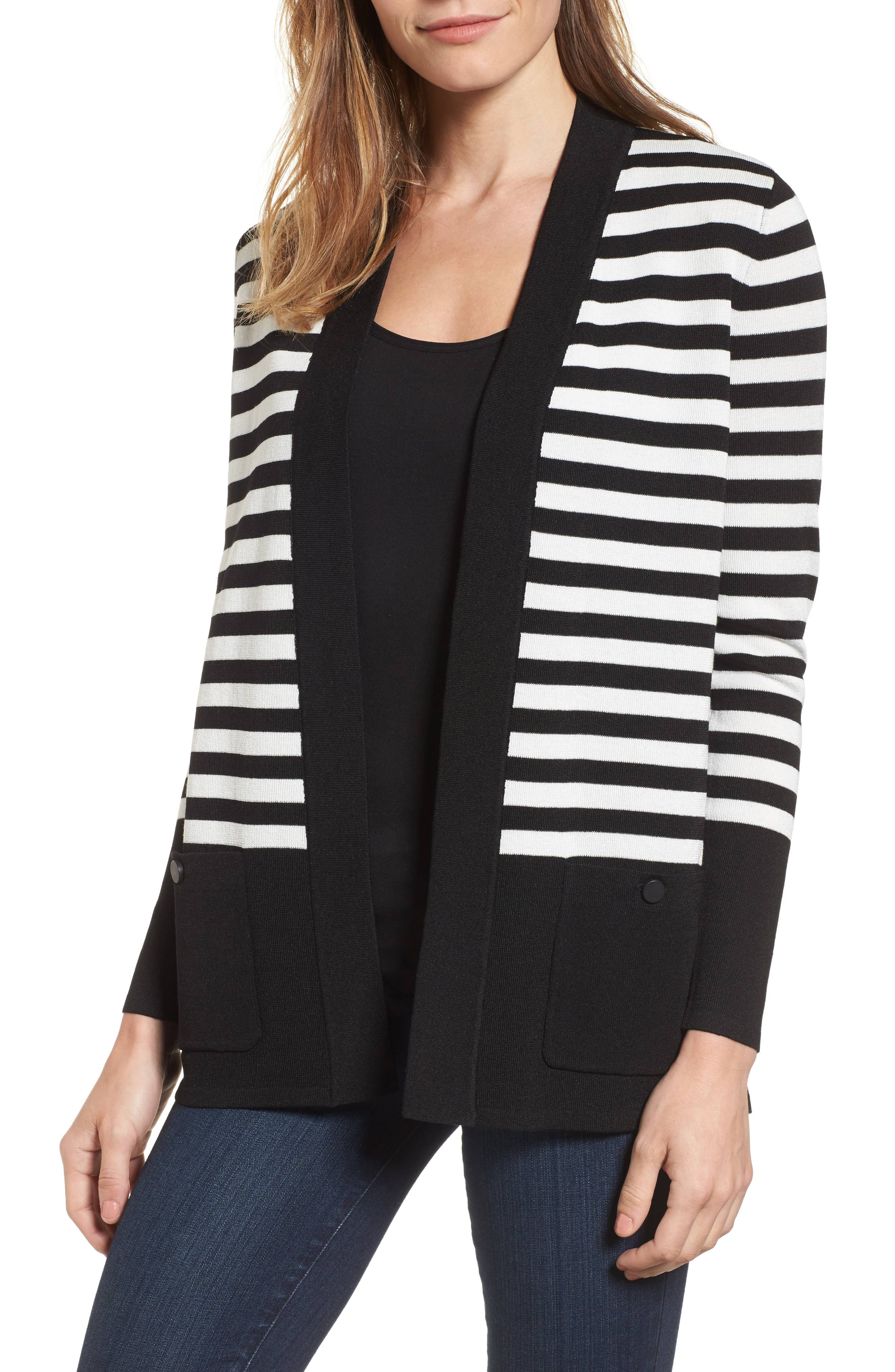 Anne Klein Malibu Stripe Cardigan Black/White