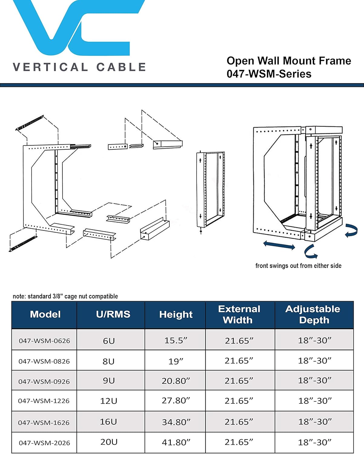 12U Open Wall Mount Frame Rack with Hinge