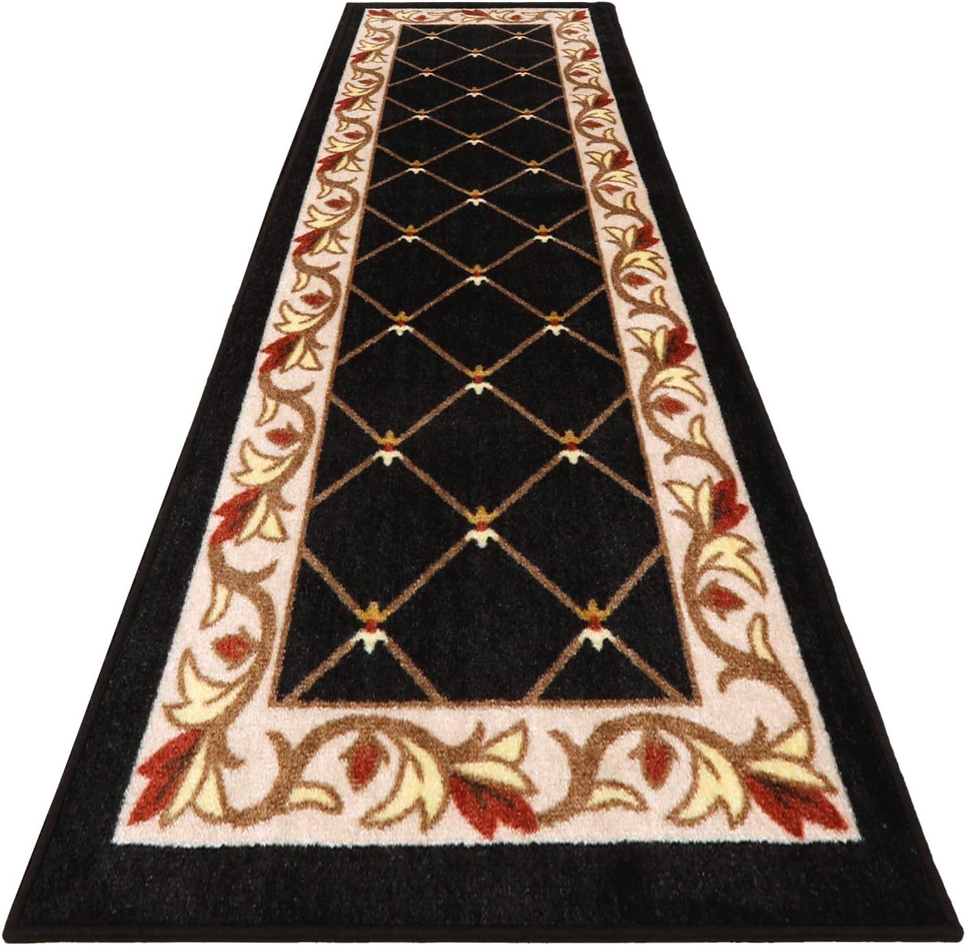 House, Home and More Skid-Resistant Carpet Runner &ndash; Traditional Lattice with Floral Border &ndash; Ebony Black &ndash; 12 Feet X 26 Inches