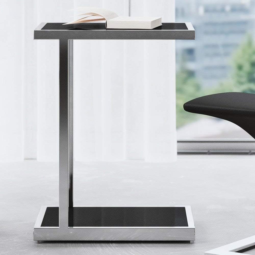 Zuri Modern Luton Side Table - Black Opaque Glass with Polished Stainless Steel Base