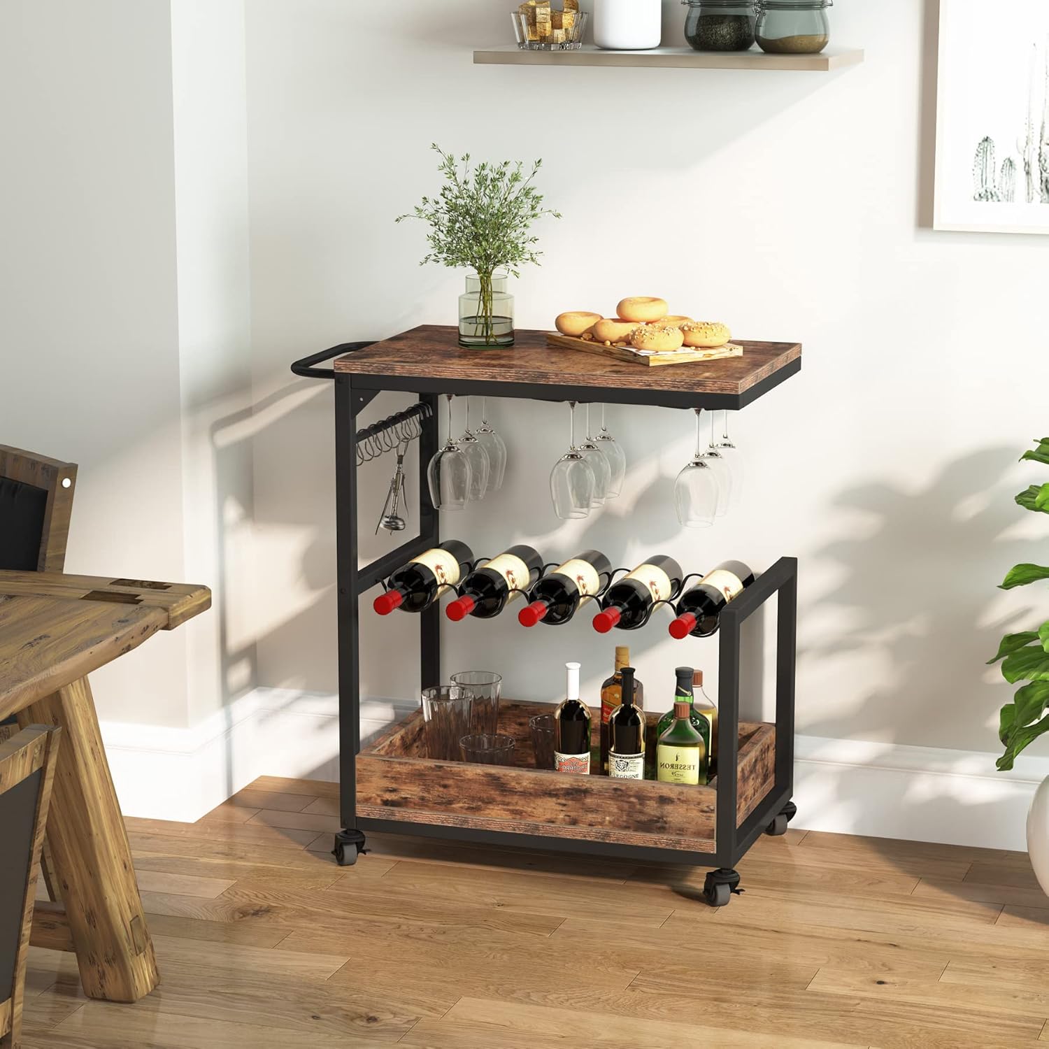 Tribesigns Industrial Bar Cart, Rolling Trolley Wine Cart with 8 Hooks, Modern Coffee Tea Serving Cart with Glass Stemware Rack and Wine Bottle Holders for Kitchen, Dining Room, Living Room, Brown