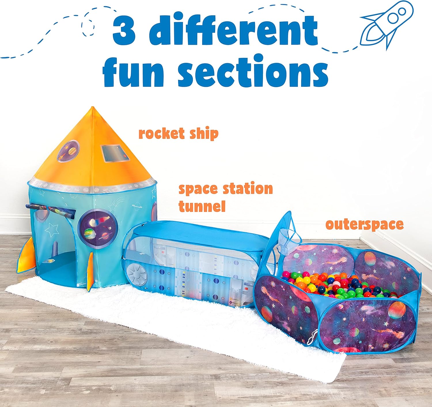 Kidcove Kids Play Tent with Tunnel and Blast Off Button, Kids Ball Pits for Toddlers 1-3, Toddler Ball Pit Tent and Kids Tunnel for Toddlers 1-3, Baby Tunnel Crawl Indoor Ballpit and Rocket Ship Tent Pack of 2