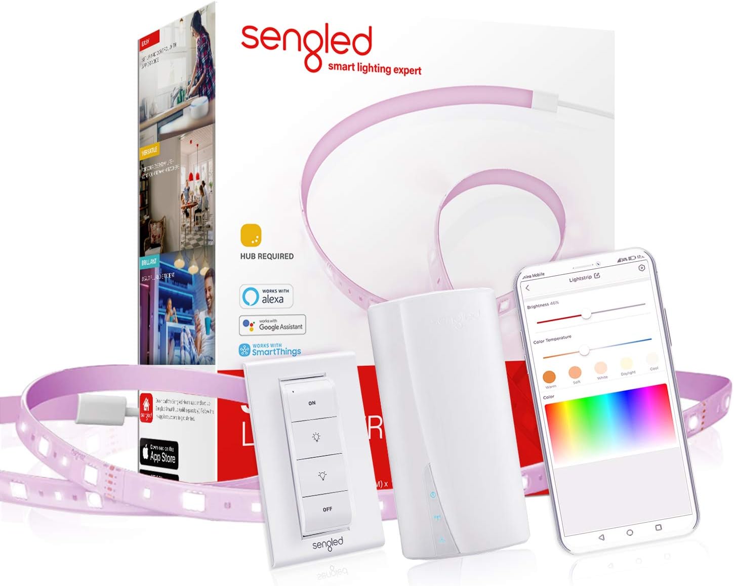 Sengled Zigbee Light Strip Kit Include 16.4ft Smart LED Strip, Smart Hub and Smart Light Switch, Works with Alexa, RGBW, High Brightness 1800LM Equivalent CRI≥80, Waterproof, 25,000 Hours Life Pack of 2