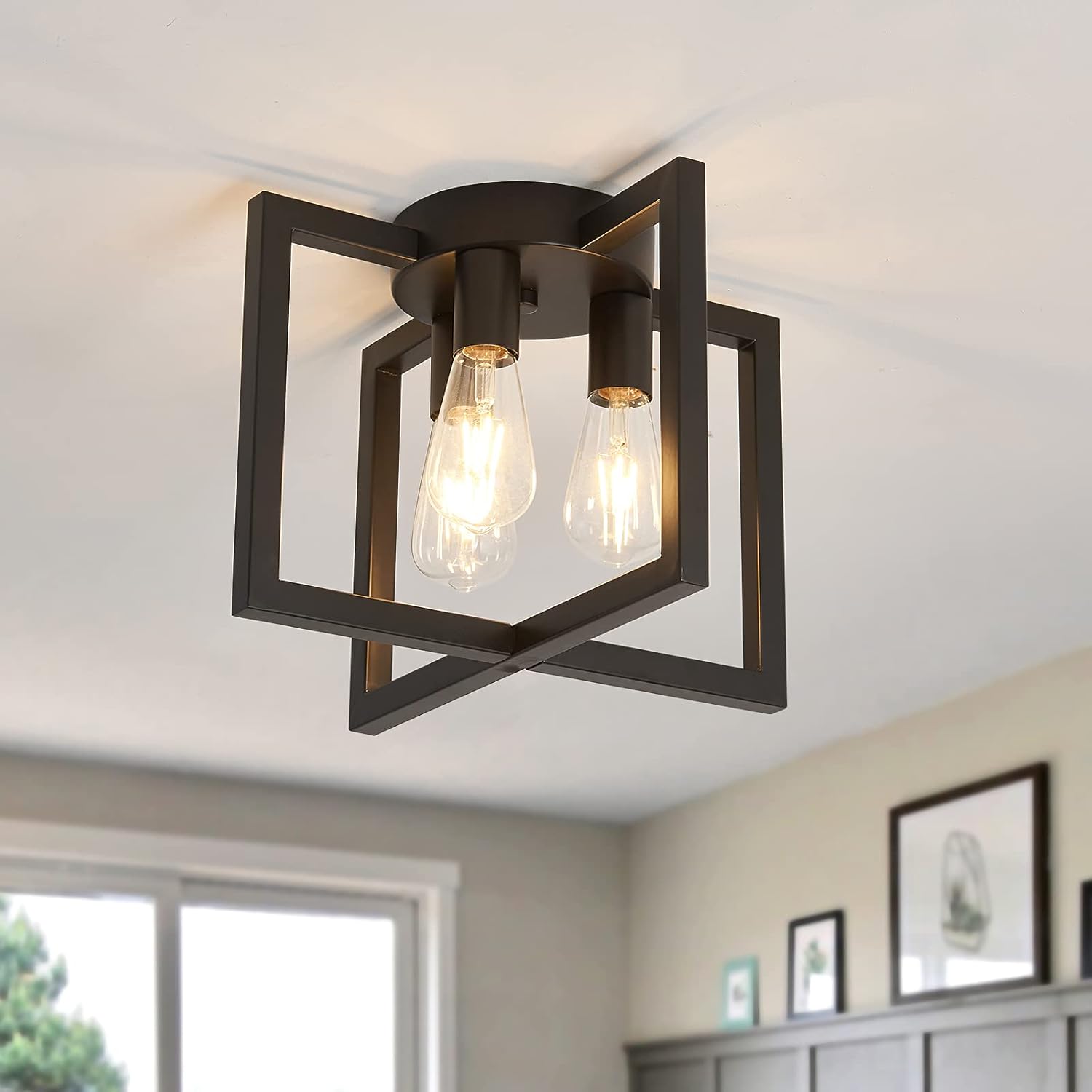 ZGLAOJT 4-Lights Close to Ceiling Light，Black Light Fixture Industrial Flush Mount Ceiling Light ，Farmhouse Chandelier Lighting for Kitchen Island Dining Room Bedroom Foyer Hallway