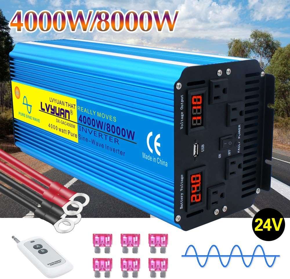 Yinleader 2022 New Pure SINE Wave Power Inverter 4000W DC 24V to AC 110V/120V Converter w/Remote Control USB and LED Display for RV Truck Car